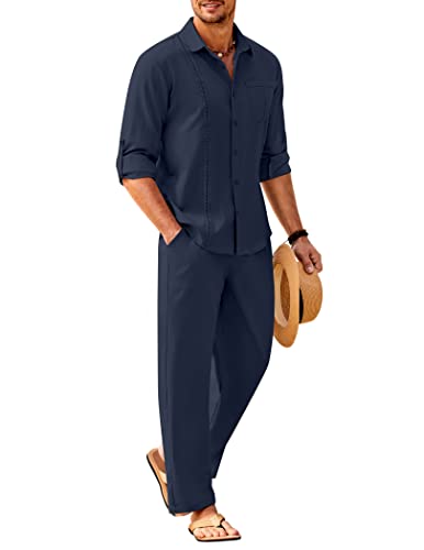 COOFANDY Mens Coordinated Outfit Linen Shirt Pants Beach 2 Pieces Casual Button-Down Sets with Pocket Summer Beach Linen Suits