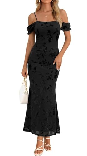 MEROKEETY Women's 2026 Summer Off The Shoulder Spaghetti Strap Floral Mesh Wedding Guest Cocktail Formal Party Maxi Dresses, Black, Large