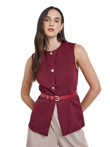 Styli Women Round Neck Buttoned Waistcoat With Belt L - Red