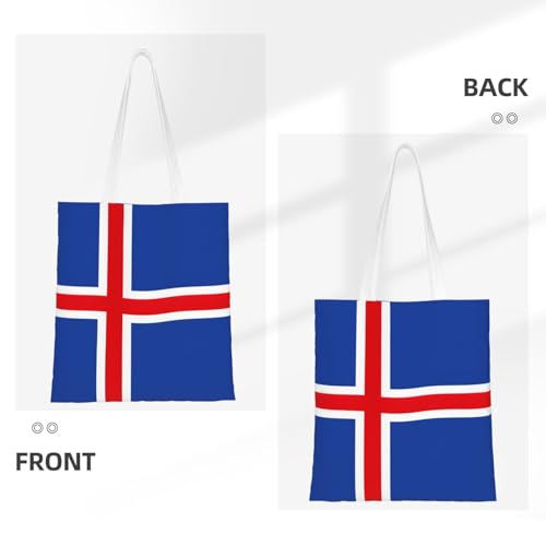 Flag Of Iceland Print Reusable Canvas Tote, Shopping Bag With Handles For Daily And Grocery Use3