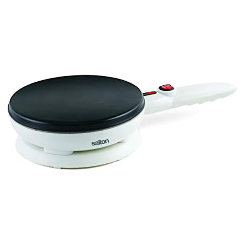 Salton Cordless Electric Crepe Maker With Bonus Batter Dish and Spatula with Non-Stick Cooking Surface, Automatic Temperature Control for 7.5" Crepes and Tortillas, Recipes Included, White (CM1337) Cover