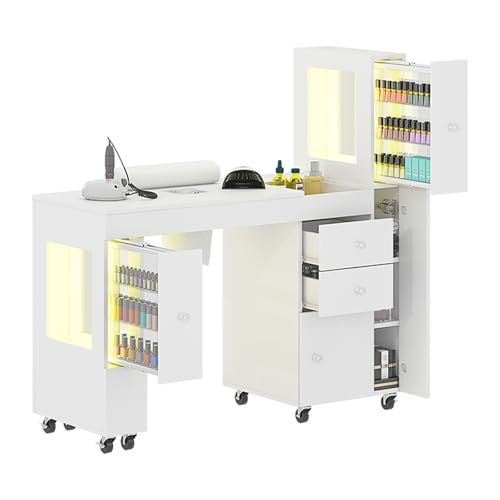 Manicure Table for Nail Tech w/ LED Light Display Cabinet, Nail Desk with Lockable Wheels, Dust Collector, Drawers, Wrist Rest, Acetone-Resistant, for Beauty Salon, Spa & Home Workstation (White)