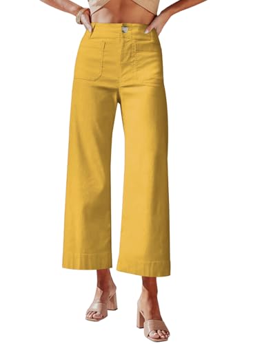 miduo Womens Pants 2026 Casual Button High Waisted Cropped Capris Wide Leg Straight Leg Pants with Pockets Yellow 27