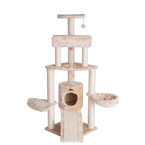 Torre para Gatos Beige de 58 Pulgadas con Canasta, Rampa y Condo miniatura 2