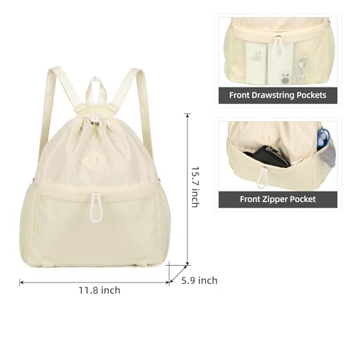 ALUSBELL Drawstring Backpack for Women, Water-Resistant String Backpack, Lightweight Gym Bag with Yoga Mat Strap Beige2