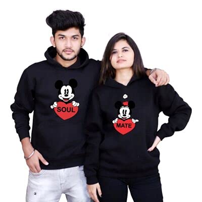 The Tee Shop Couple Hoodie Cotton Warm Pullover Printed Soul Mate Hoodies - Pack of 2 (Black, Male - S,Female - L)