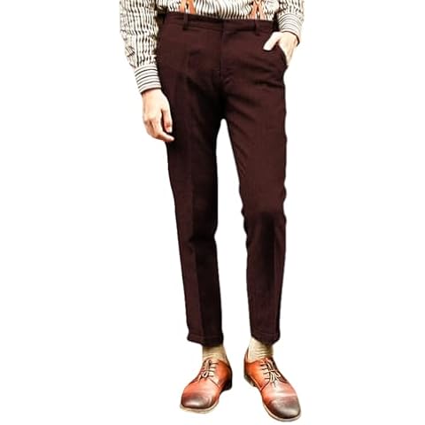 Zeattall Men's Herringbone Pattern Trousers Slim Fit Retro Tweed Wool Dress Pants（burgundy40W*32L） Cover