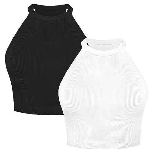 Sunzel Ribbed Tank Tops for Women, Halter High Neck Seamless Cute Crop Top, Basics Sleeveless Workout Athletic Yoga Shirts