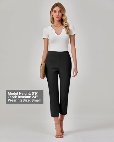 GRAPENT Capri Pants for Women High Waisted Pull On Dress Pants Slim Straight Leg Stretchy Waist Capris Trousers Pants3
