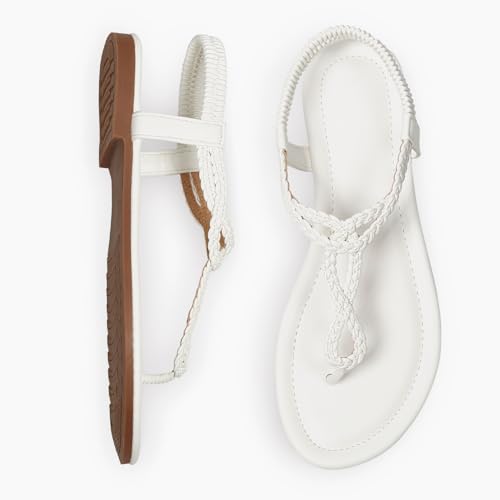 Image of iCKER Womens Braided T‑Strap Flat Sandals Elastic Stretch Ankle Strap | Boho cute casual lightweight and comfort matches dresses for beach vacation