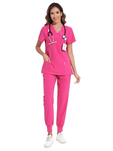COZYFIT Scrubs for Women Set - Stretch V-Neck Scrub Top & Jogger Pant with 8 Pockets Yoga Waistband Anti Wrinkle Slim Fit Women Scrubs - Hot Pink M