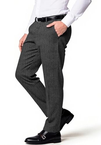Men's Classic Fit Herringbone Tweed Dress Pants Slim Expandable Waist Business Office Trousers4