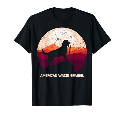 American Water Spaniel Silhouette Mountain Scene Design T-Shirt