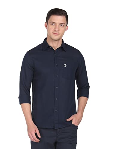 Image of U.S. Polo ASSN. Men's Solid Cotton Linen Tailored Fit Spread Collar Casual Shirt