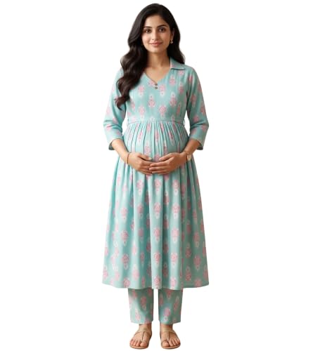 Image of DUMMY SHAPE Maternity Dresses for Women Cotton | Floral Kurta Pant Dupatta Set with Nursing Zippers, Side Pocket | Pre & Post Pregnancy | Feeding Kurti Suit | Baby Shower | Gifts for Pregnant Woman