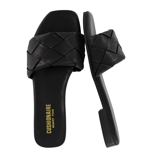CUSHIONAIRE Franca Woven Slide Sandals Women Dressy or Casual with Memory Foam | Comfortable Summer Shoes for Women | Lightweight Slip-On Flat Sandals | Wide Widths Available, BLACK 9W