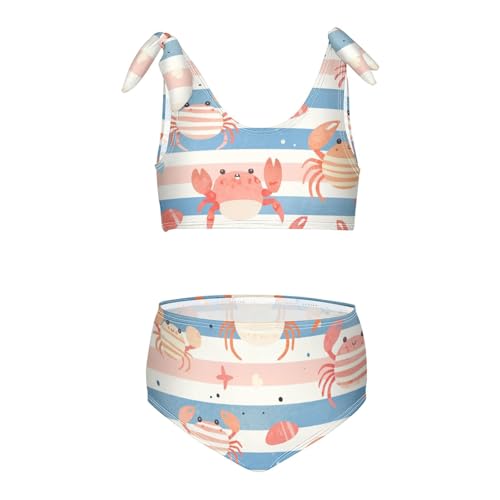 KLL Striped Pattern Cute Watercolor Crabs Girls' 2 Piece Bikini Set Quick-Dry Swimsuit Swimwear Adjustable Strap