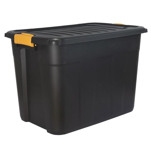 DANIEL JAMES Housewares Heavy Duty Storage Box with Lid - Large Plastic Stackable Storage Boxes with Clip Handles - Lockable BPA Free Indoor Outdoor Garage Storage Trunk Box - Black 42l
