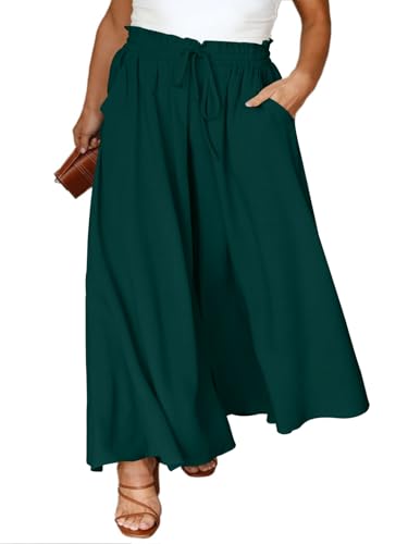 Plus Size Womens Wide Leg Pants Casual Elastic High Waist Flowy Pants Drawstring Palazzo Pants with Pockets