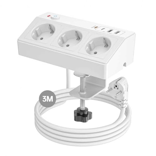Tischsteckdose mit USB C PD 20W, 4000W/16A Steckdosenleiste Schreibtisch, STGAROT 3 Fach Mehrfachsteckdose 4 USB mit Schalter 3M Kabel, Überspannungsschutz Steckdose Tisch für Zuhause Büro, Weiß