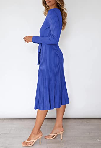 Pink Queen Women's Wrap Sweater Dress V Neck Long Sleeve Ribbed Swing Knit Midi Dresses with Belt3