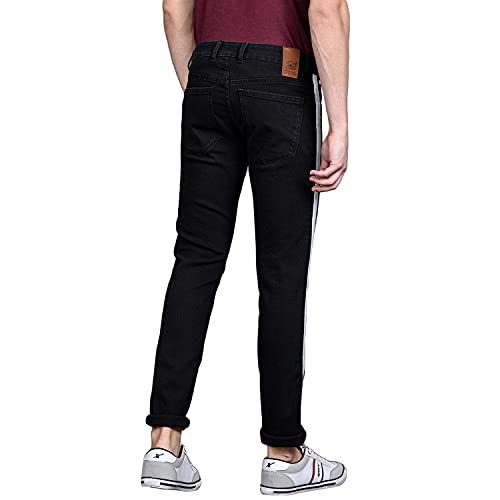 Image of CAHOOT Men' Black Tapered Side Striped Stretchable Cotton Mid Rise Denim Jeans