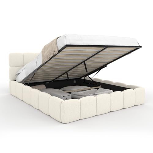 IDMarket - Lit Coffre Double Nuage avec tête de lit matelassée et sommier 160 x 200 cm Tissu Bouclette Blanc