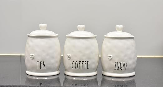 DEENZ Set Of 3 Durable Ceramic Tea, Coffee & Sugar Kitchen Storage Heart Lid Jars/Canisters Shabby Chic Love Motif Barrel Name Labelled Food Preservatives 12 X 12 X 17 Cm (WHITE)