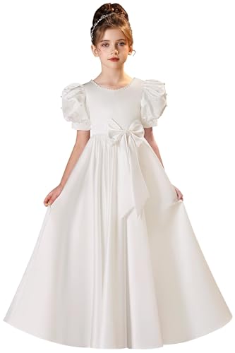 Satin Flower Girl Dresses for Wedding Puff Sleeves First Communion Dress Pearl Girls Ball Gown with Bow