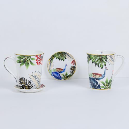 Image of GOLDEN QUEEN'S Mugs & Coaster Set of 2 for Coffee, Tea, Milk - Ideal for Your Daily Beverage Ritual, Hosting & Casual Gatherings | 300ML | Micorwave Safe - Tropical Hues