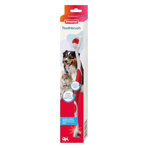 Beaphar - Double-Ended Toothbrush with Ergonomic Grip - Dental Care for Cats & Dogs - Deep Clean Bristles to Target Hard-to-Reach Areas - Multi-Sized Heads for Suitable for All Mouth Sizes