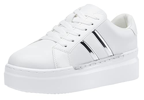 Jeossy Women's Platform Chunky White Casual Sneakers, Comfort 8028 Trendy Sneakers So Light Weight