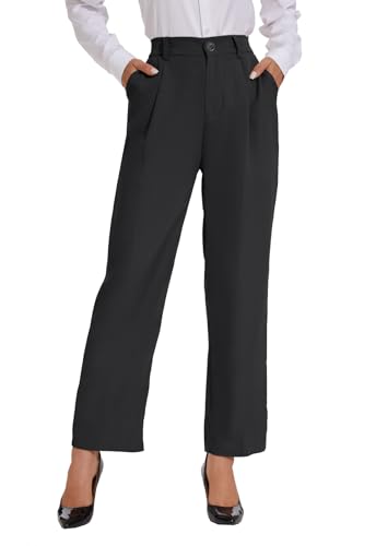 BATHRINS Dress Pants Women High Waisted Casual Straight Leg with Buttons/Elastic Waist Black