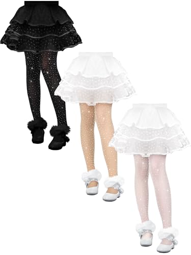 3 Pack Girls Sparkle Rhinestone Tights Black White Nude Girls Stockings for Dance Cosplay Party Accessories