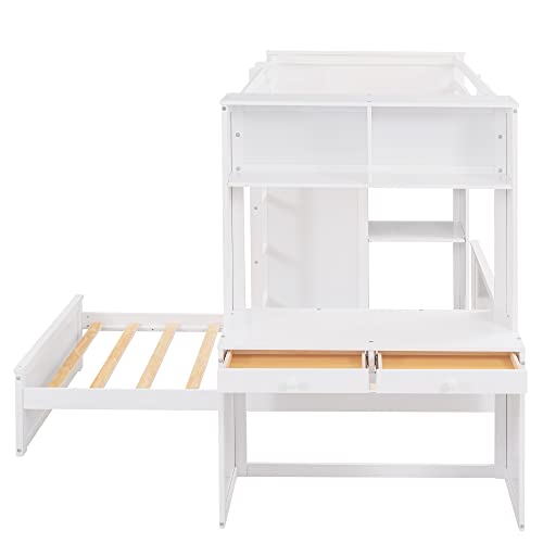 Harper & Bright Designs Twin Over Twin Bunk Bed with Desk, Storage, Solid Wood Bunk Bed with Shelves and Wardrobe, Twin Size Loft Bed with a Stand-Alone Bed for Kids Teens Adults - White