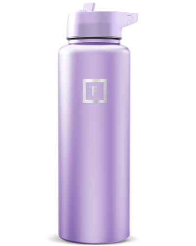 Image of IRON FLASK Camping & Hiking Hydration Flask with Straw, Wide Mouth Insulated Stainless Steel Sports Water Bottle - Lavender 40 oz - Straw (1 Lid)