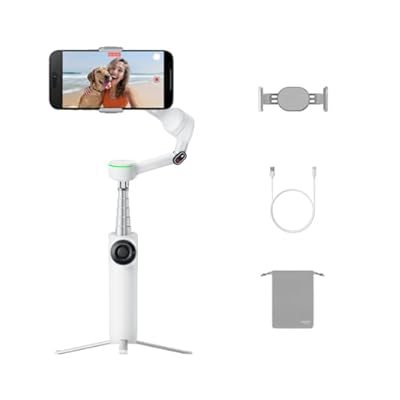 Insta360 Flow 2 Pro Blanco - Gimbal para teléfonos con IA con Apple DockKit seguimiento panorámico de 360º inclinación libre trípode/selfie stick integrado y estabilizador portátil para vlogs/viajes.