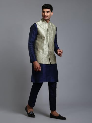 Image of VM Men's Grey And Cream Silk Blend Jacket, Kurta and Pyjama Set