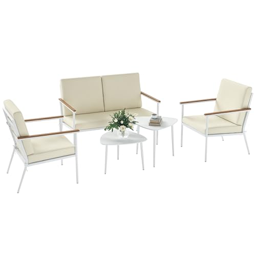 Outsunny Conjunto de Jardín Exterior 5 Piezas Muebles Jardín Exterior con 1 Sofá de 2 Plazas 2 Sillones y 2 Mesas de Centro con Tablero de Vidrio Templado Cojines Lavables Beige