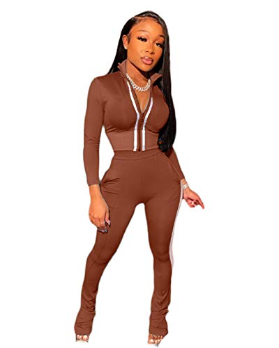 Women 2 Piece Sweatsuit Outfit Long Sleeve Solid Color Zip Up Top + Skinny Long Pants Jogging Suit Tracksuit Set Coffee