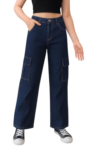 Image of ADBUCKS Stretchable High Rise Cargo Style Wide Leg Jeans for Girls II Girls Jeans