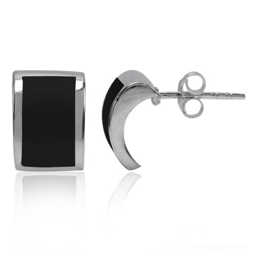 Silvershake Created Black Onyx Inlay White Gold Plated 925 Sterling Silver Post Earrings