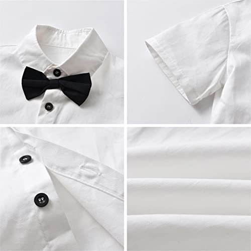 Image of SANGTREE Boys Gentleman Clothes Set, Short Sleeve Shirt with Bowtie + Suspender Pants Outfit, 3 Months - 6 Years