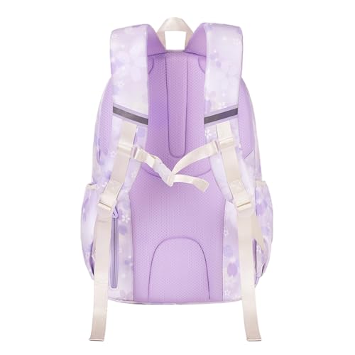 quvup Girl backpack,Kids Backpack for Girl Kawaii Lightweight School Backpack Anti-theft Back Pocket Print Flowers Elementary Bookbag (Purple)