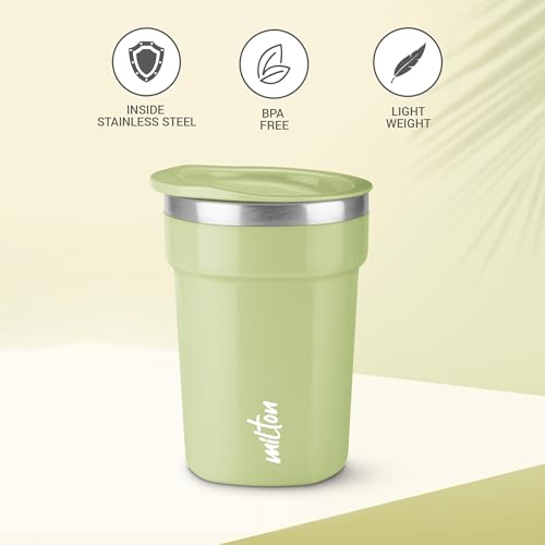 Image of MILTON Cool Touch Deccan Coffee Mug 350 Double Walled 330 ml Inner Stainless Steel Tea Mug with Lid, Coffee Mug Travel Tea Cup, Black Coffee, Tea Cup Single, Green