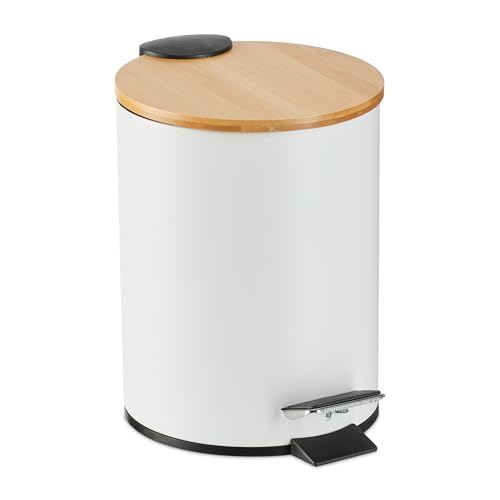 Relaxdays Cubo de Basura Baño 3 litros, Papelera Tapa de Caída Automática de Bambú, con Bote Interior Extraíble, Blanco, Hierro, 23,5 x 17 x 21 cm