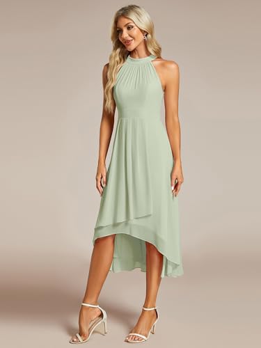 Image of Ever-Pretty Women's Halter Chiffon Midi Cocktail Wedding Guest Dress | High Low, Pleated, Summer Semi Formal Dress, Mother of the Bride Dress