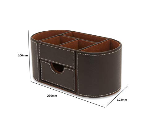 OSCO Brauner Schreibtisch-Organizer aus Kunstleder mit Schublade | Schreibtisch-Organizer | Stifthalter | Make-up-Behälter | Stiftaufbewahrung | 6 Fächer | Schreibwaren-Caddy | H10 x B23 x T12 cm |