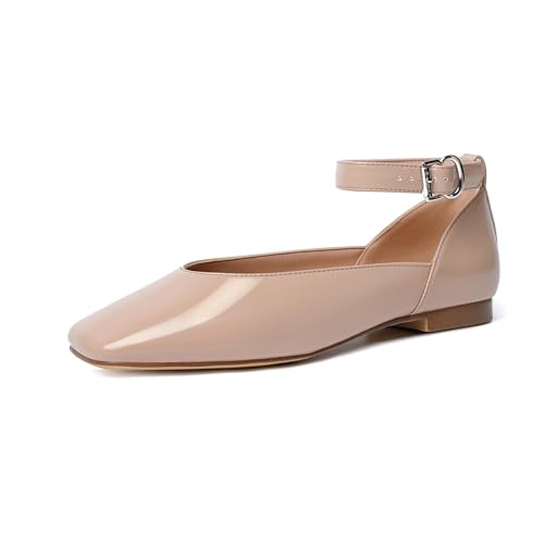 Image of vivianly Mary Jane Shoes for Women Ballet Flats Shoes Buckle Ankle Strap Square Toe Flat Leather Party Dating Flats