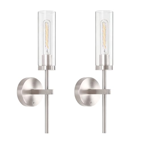 Image of Shenmoyl Battery Operated Wall Sconces Set of 2, Nickel Rechargeable Wall Lighting Fixtures, Dimmable Wall Lights with Remote & Clear Glass Shade for Living Room, Bathroom,Bedroom